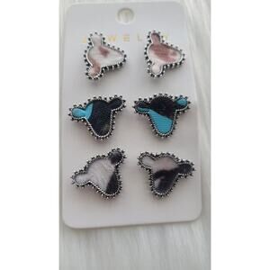 3 Pairs Of Western‎ Rodeo Style Cow Head Pattern Post Earrings